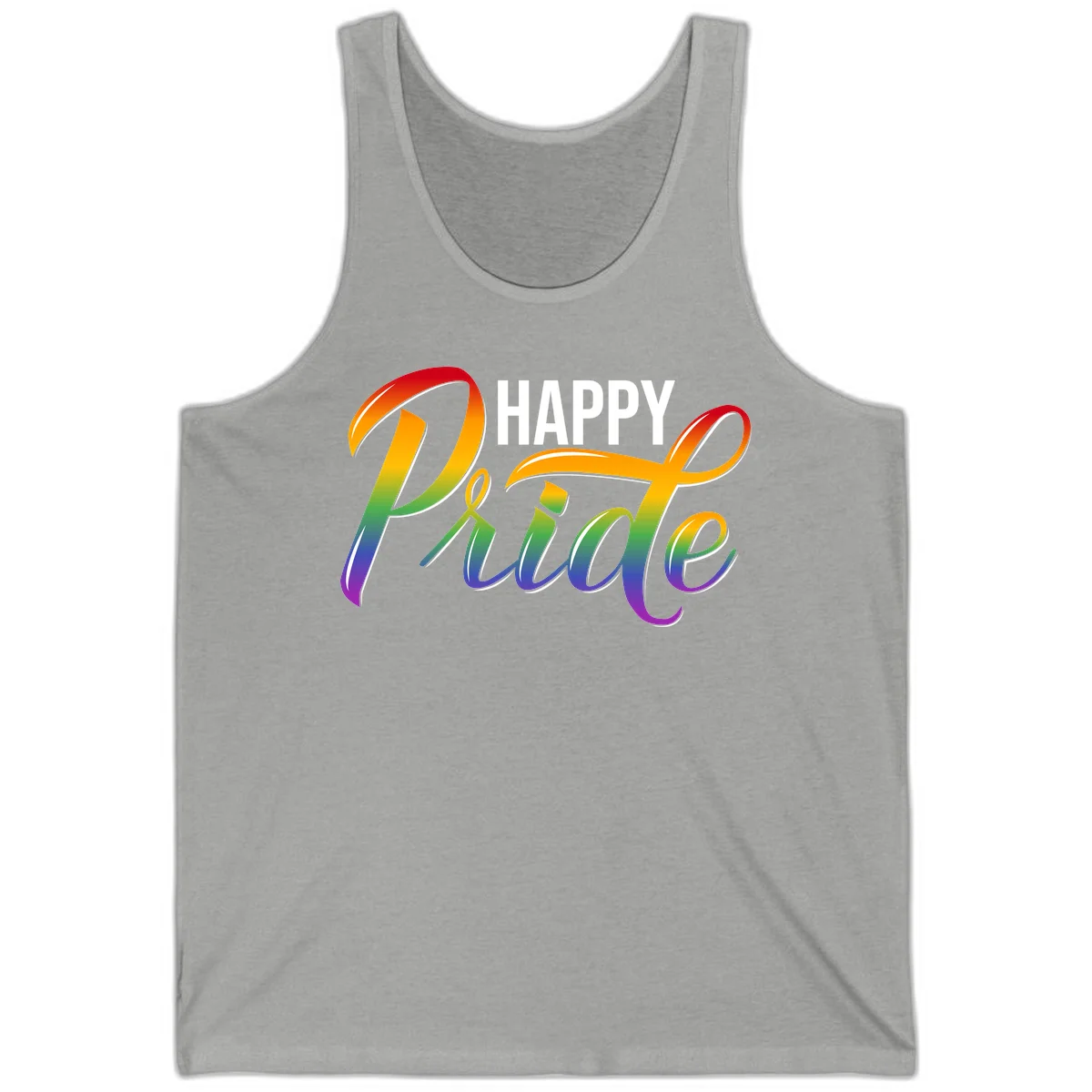 Happy Pride rainbow gradient typography design with white outlines on gray background in Athletic Heather