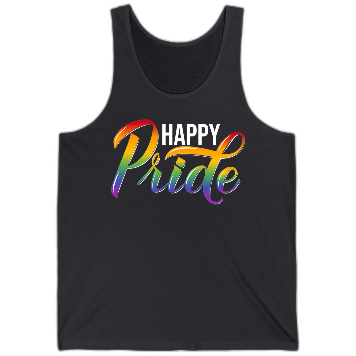 Happy Pride rainbow gradient typography design with white outlines on gray background in Dark Grey