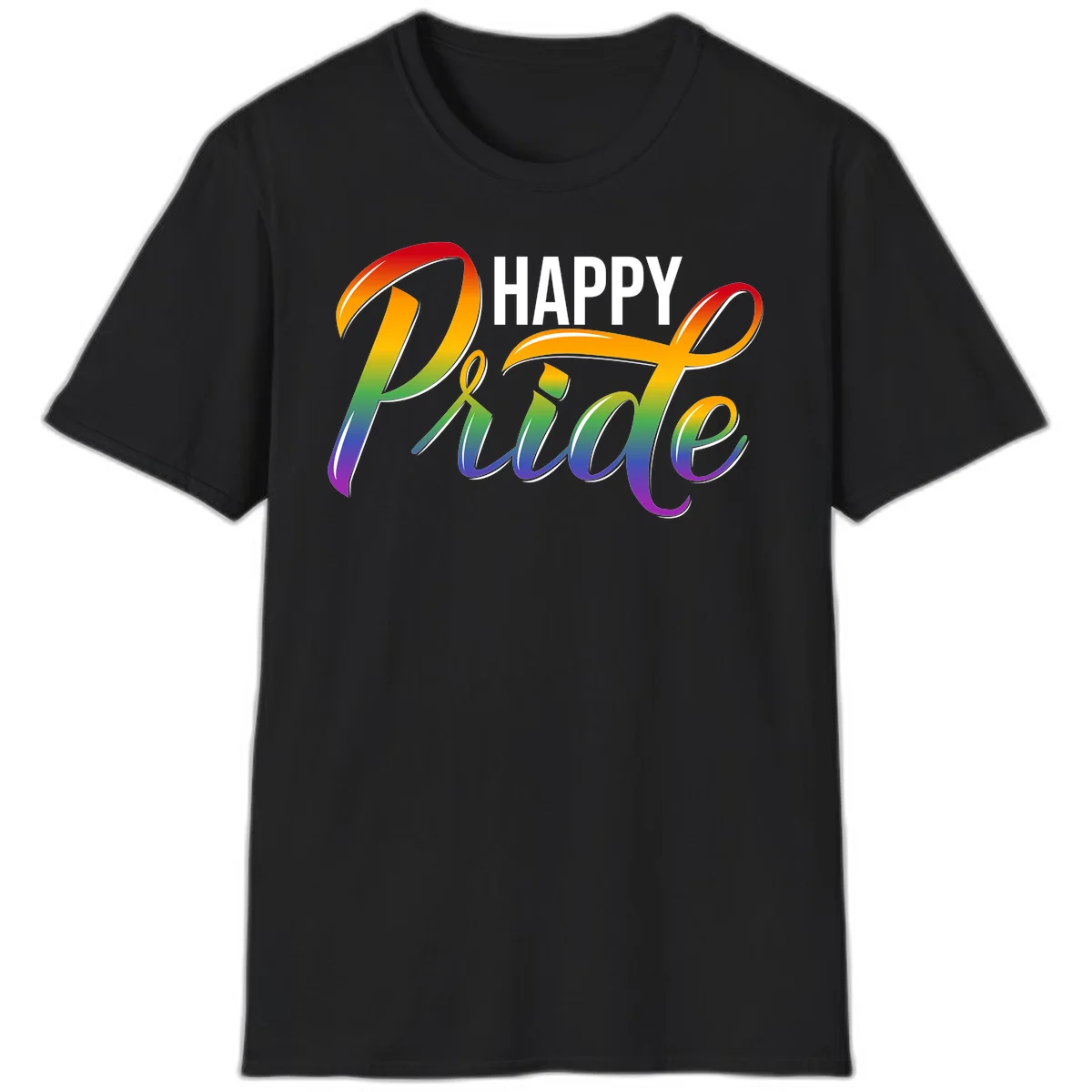 Happy Pride rainbow gradient typography design with white outlines on gray background in Black