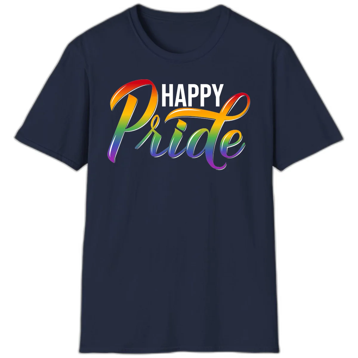 Happy Pride rainbow gradient typography design with white outlines on gray background in Navy