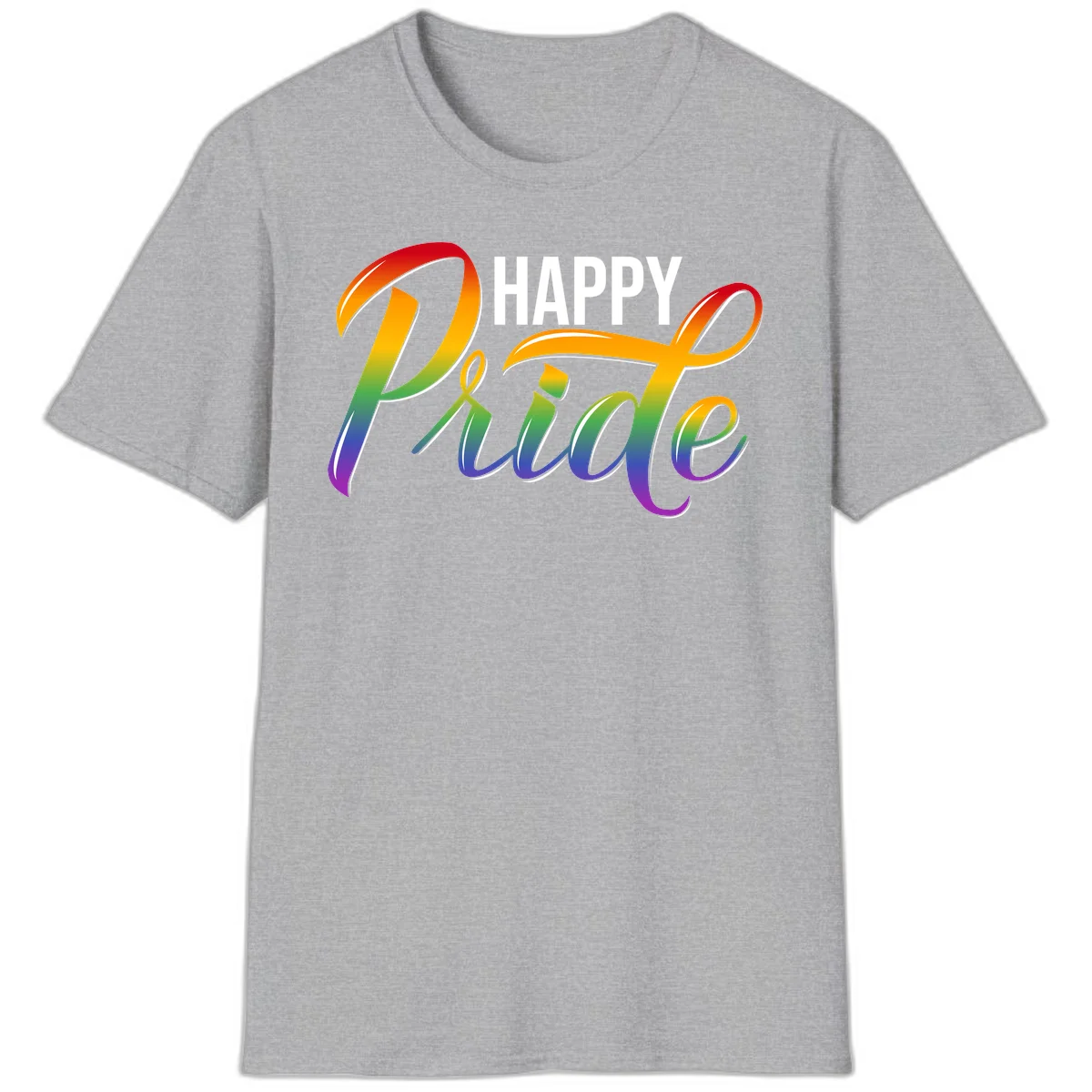 Happy Pride rainbow gradient typography design with white outlines on gray background in Sport Grey