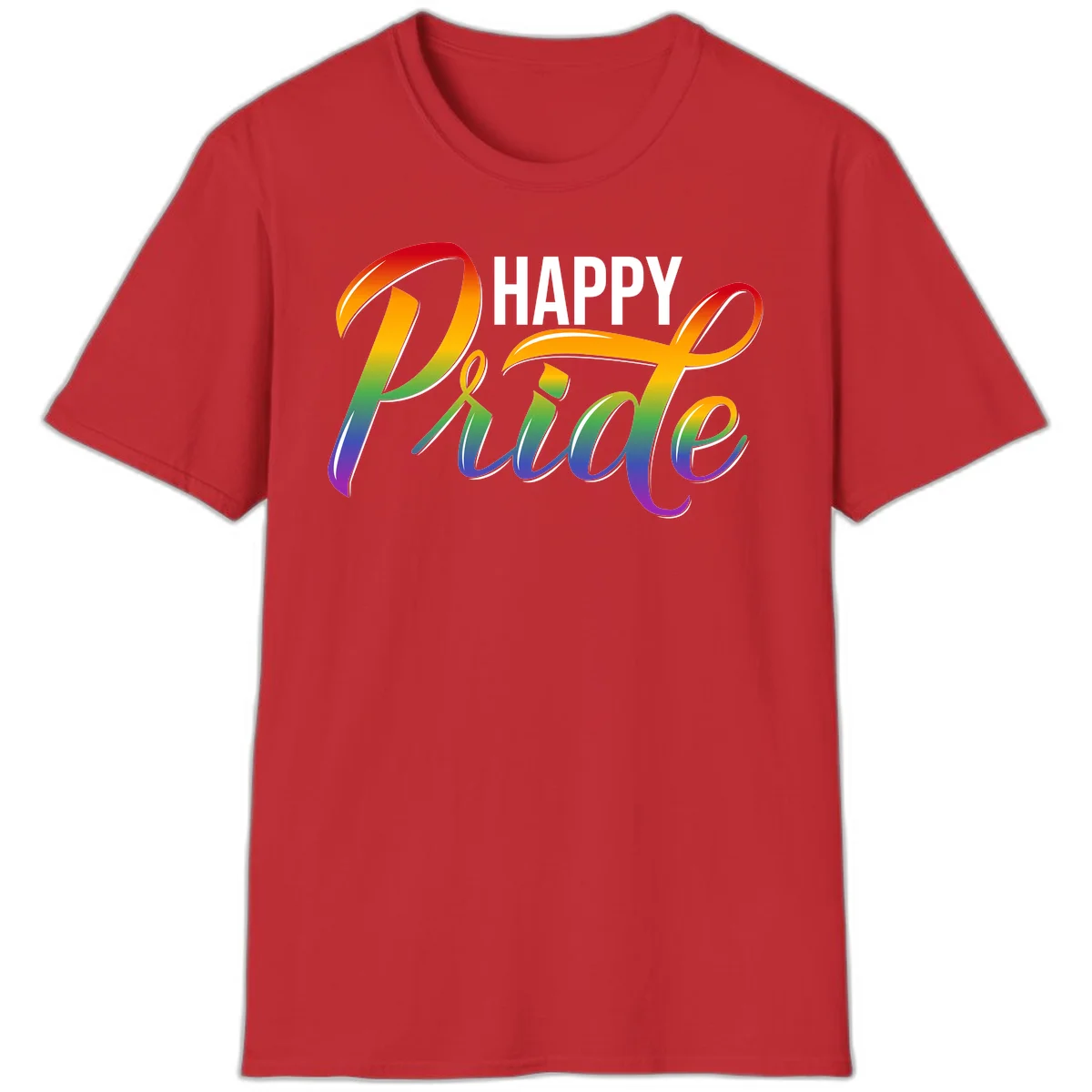 Happy Pride rainbow gradient typography design with white outlines on gray background in Red