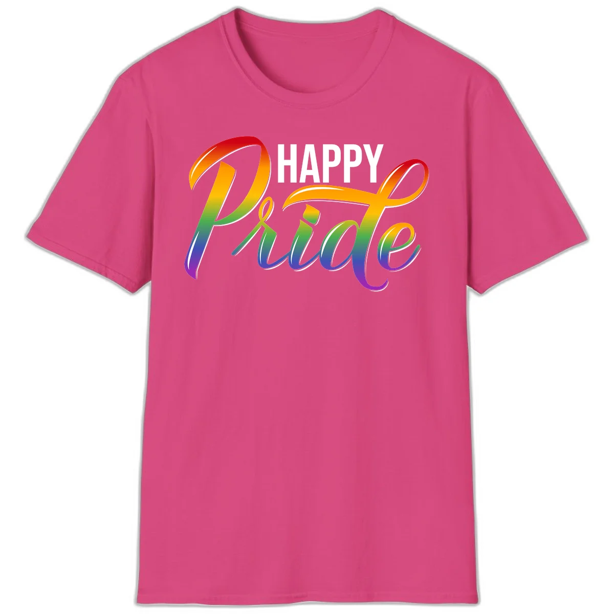 Happy Pride rainbow gradient typography design with white outlines on gray background in Heliconia