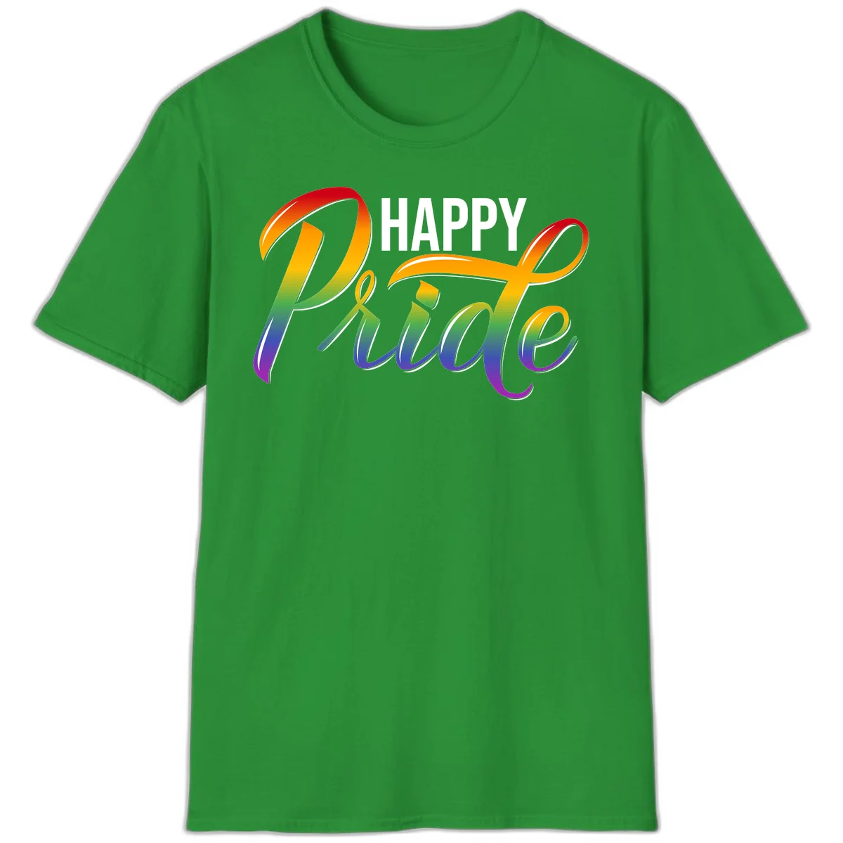 Happy Pride rainbow gradient typography design with white outlines on gray background in Irish Green