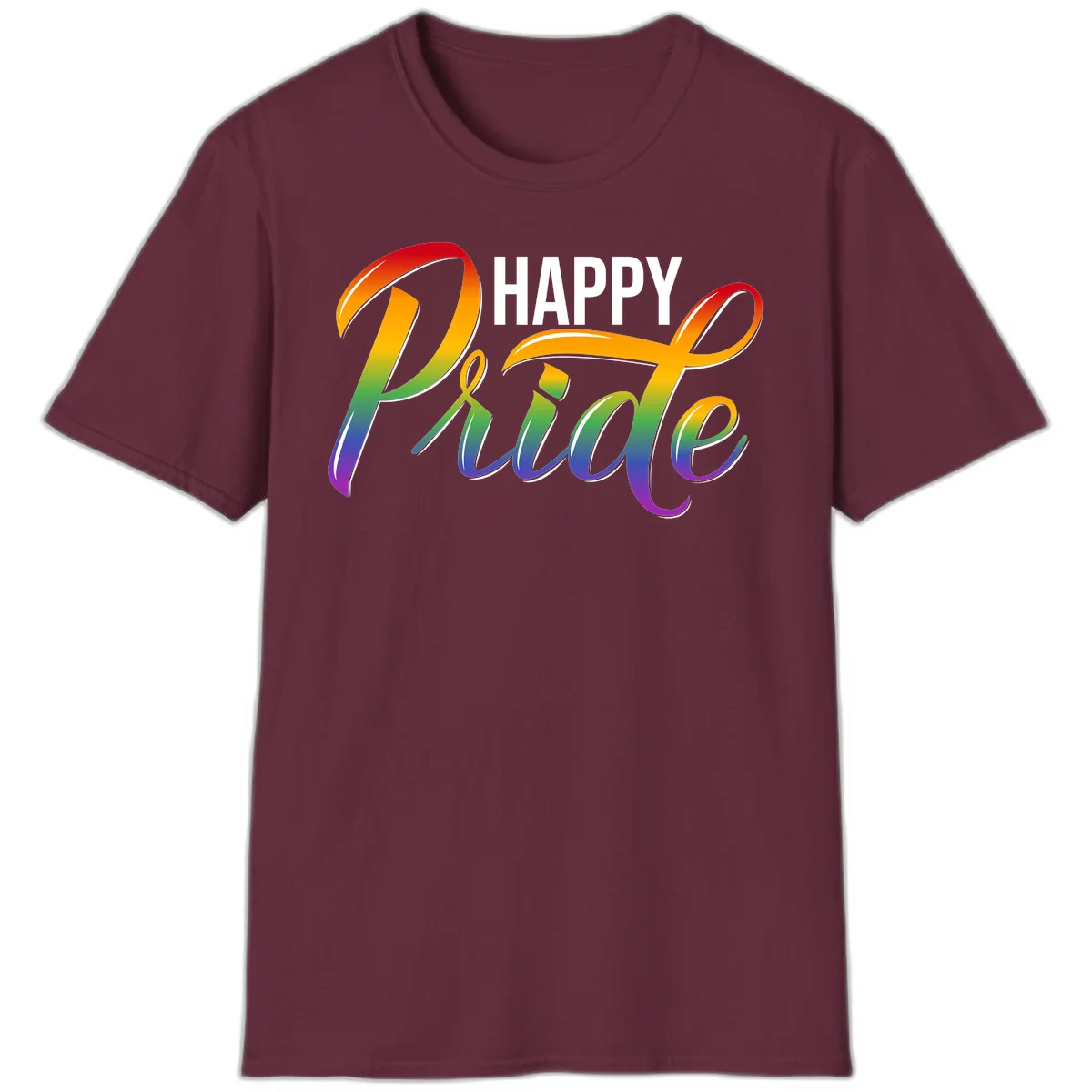 Happy Pride rainbow gradient typography design with white outlines on gray background in Maroon