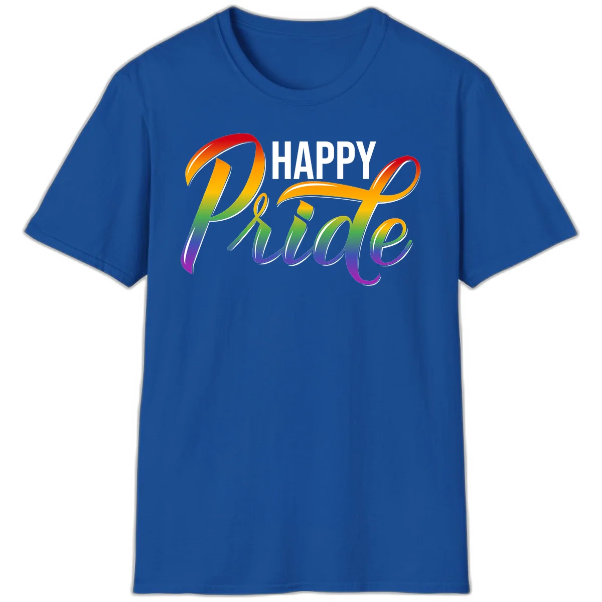Happy Pride rainbow gradient typography design with white outlines on gray background in Royal