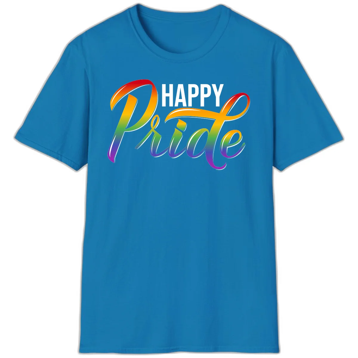 Happy Pride rainbow gradient typography design with white outlines on gray background in Sapphire