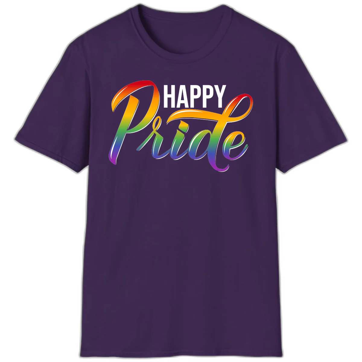 Happy Pride rainbow gradient typography design with white outlines on gray background in Purple