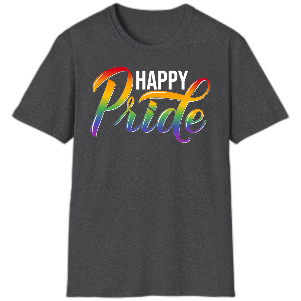 Happy Pride rainbow gradient typography design with white outlines on gray background in Dark Heather