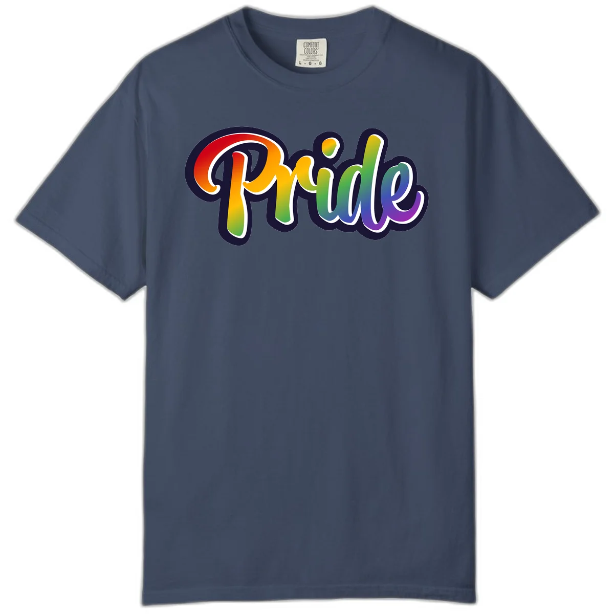 Pride rainbow script lettering with vibrant gradient fill from red to purple, featuring white outline and navy shadow effect in Midnight