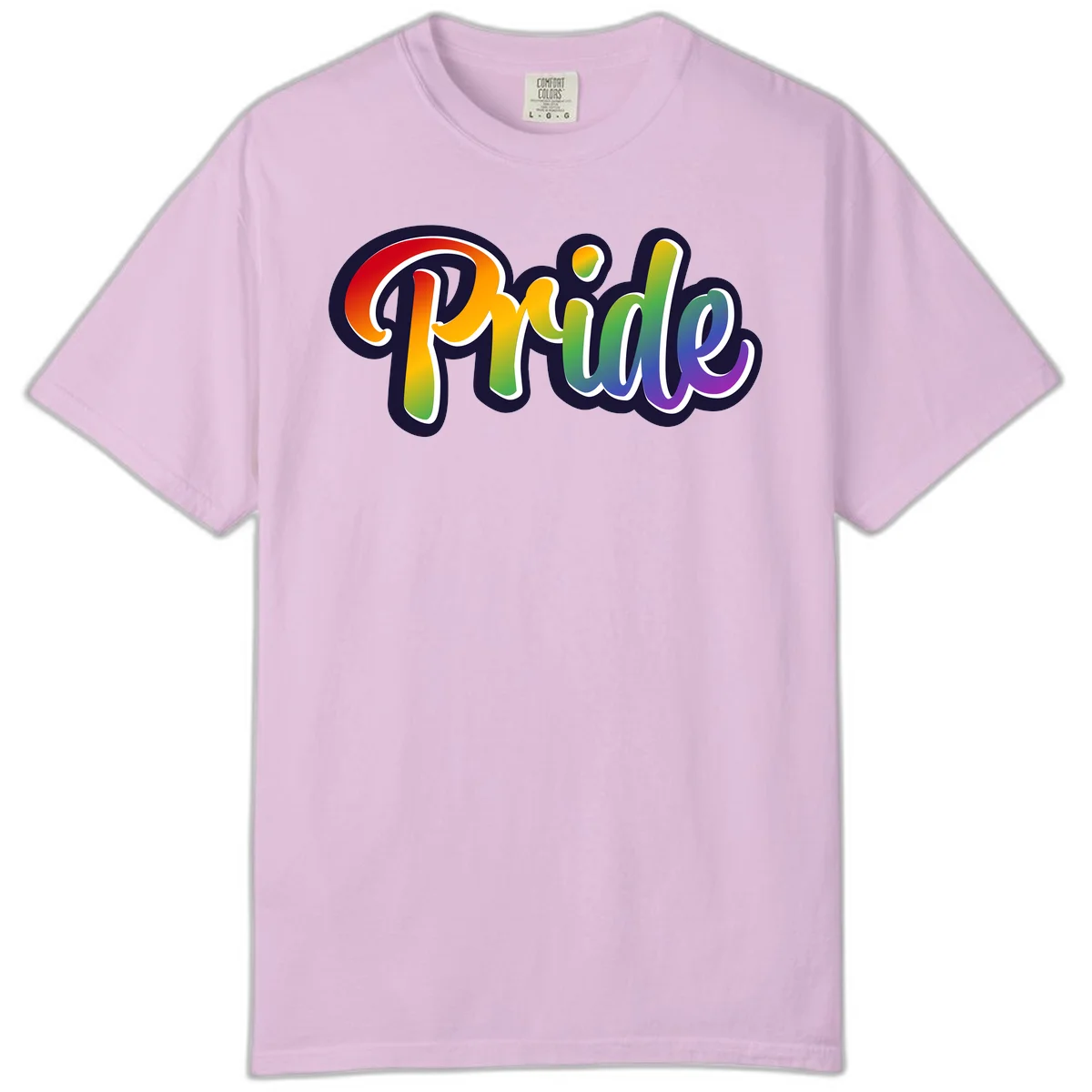 Pride rainbow script lettering with vibrant gradient fill from red to purple, featuring white outline and navy shadow effect in Orchid