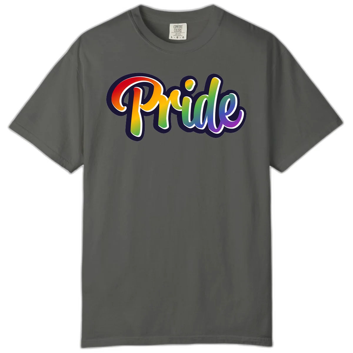 Pride rainbow script lettering with vibrant gradient fill from red to purple, featuring white outline and navy shadow effect in Pepper