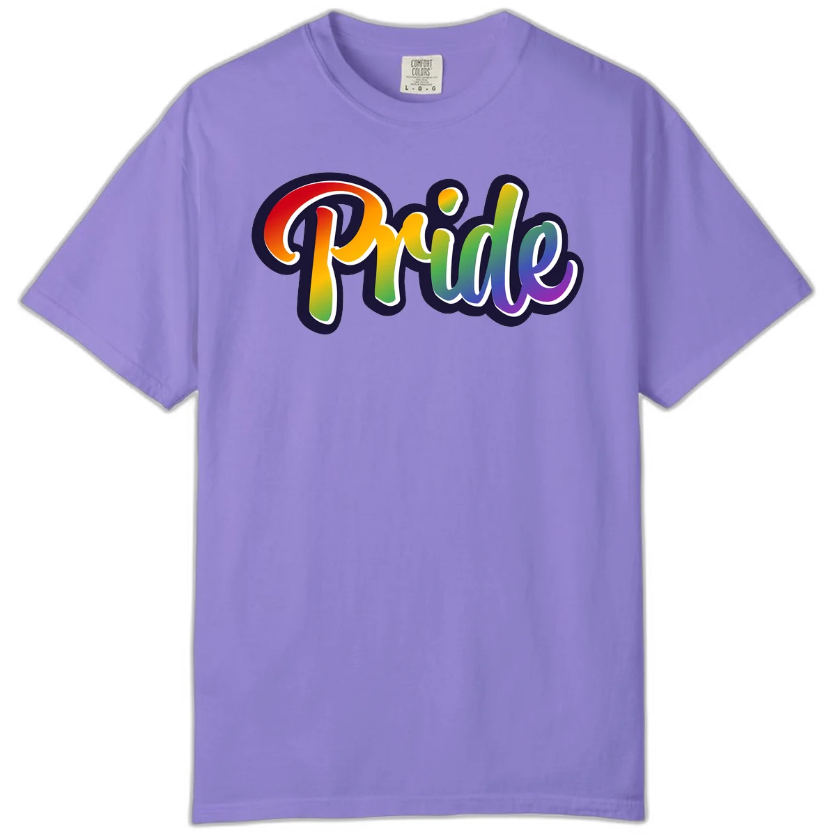 Pride rainbow script lettering with vibrant gradient fill from red to purple, featuring white outline and navy shadow effect in Violet