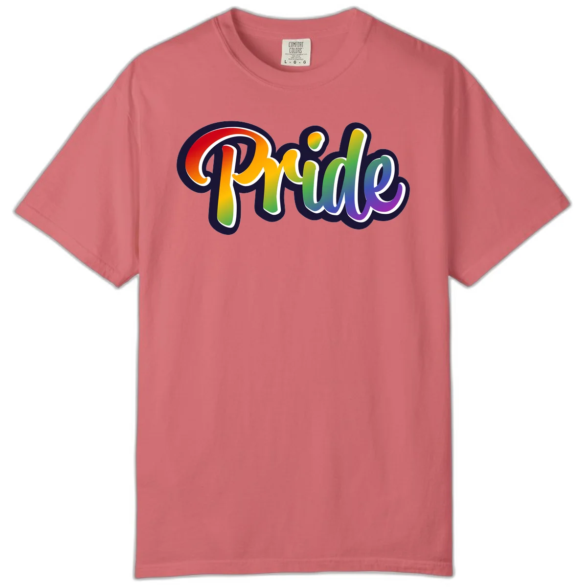 Pride rainbow script lettering with vibrant gradient fill from red to purple, featuring white outline and navy shadow effect in Watermelon