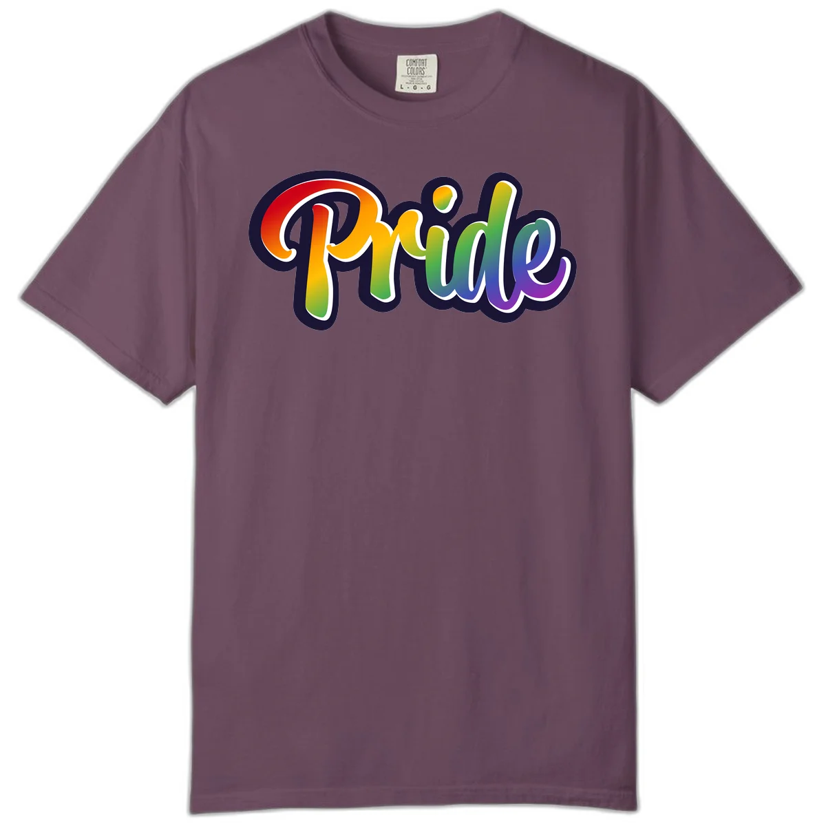 Pride rainbow script lettering with vibrant gradient fill from red to purple, featuring white outline and navy shadow effect in Berry