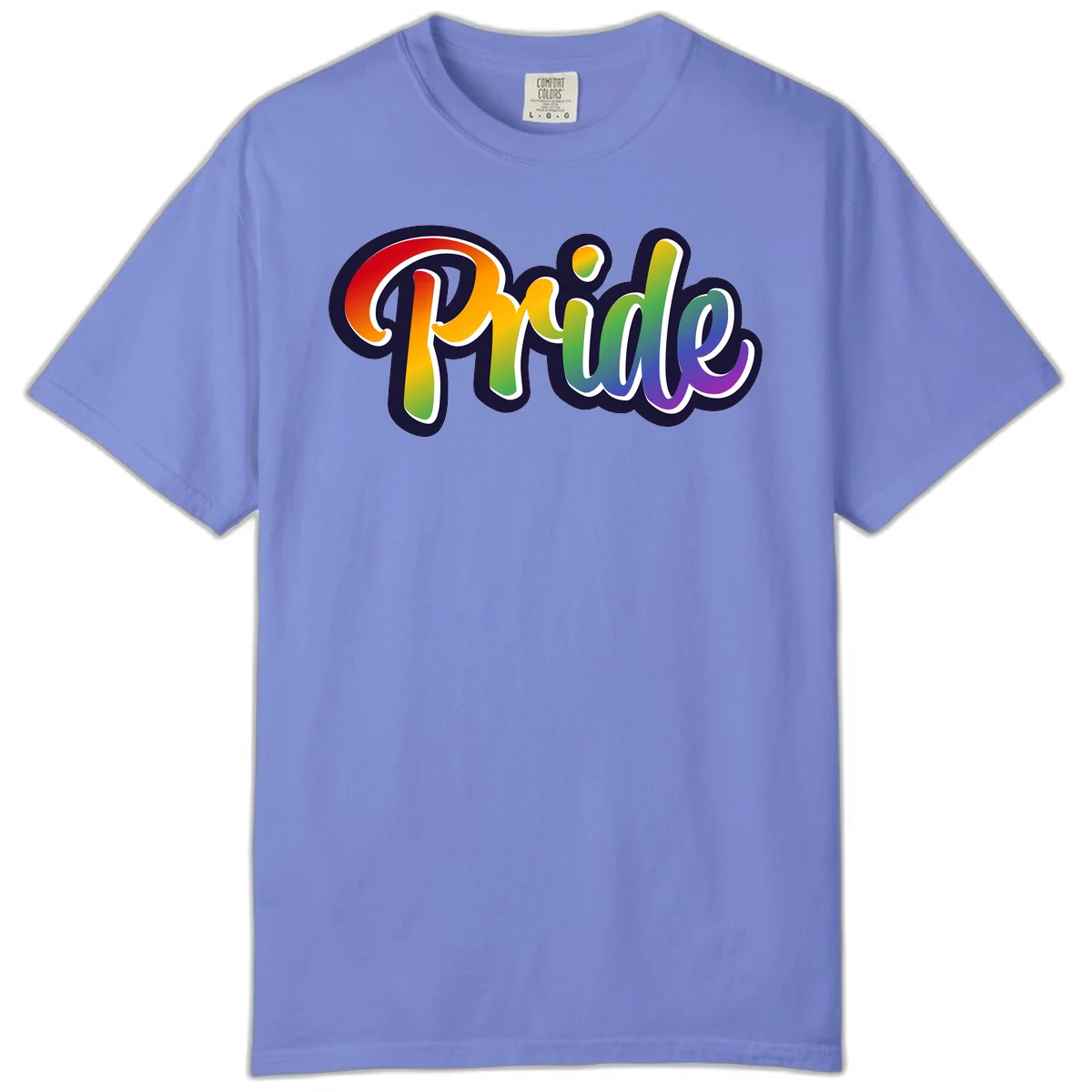 Pride rainbow script lettering with vibrant gradient fill from red to purple, featuring white outline and navy shadow effect in Flo Blue