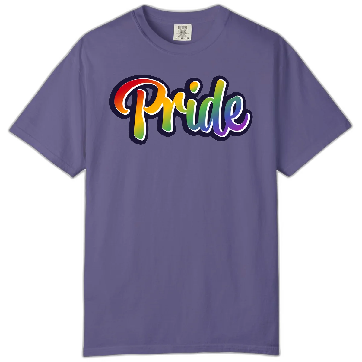 Pride rainbow script lettering with vibrant gradient fill from red to purple, featuring white outline and navy shadow effect in Grape