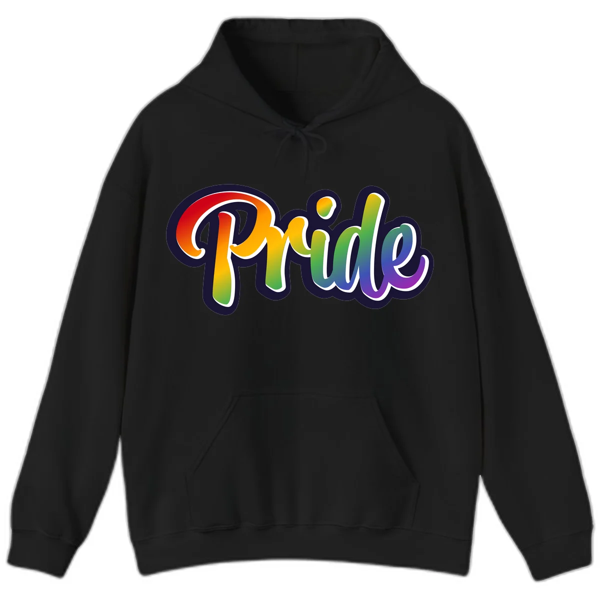 Pride rainbow script lettering with vibrant gradient fill from red to purple, featuring white outline and navy shadow effect in Black
