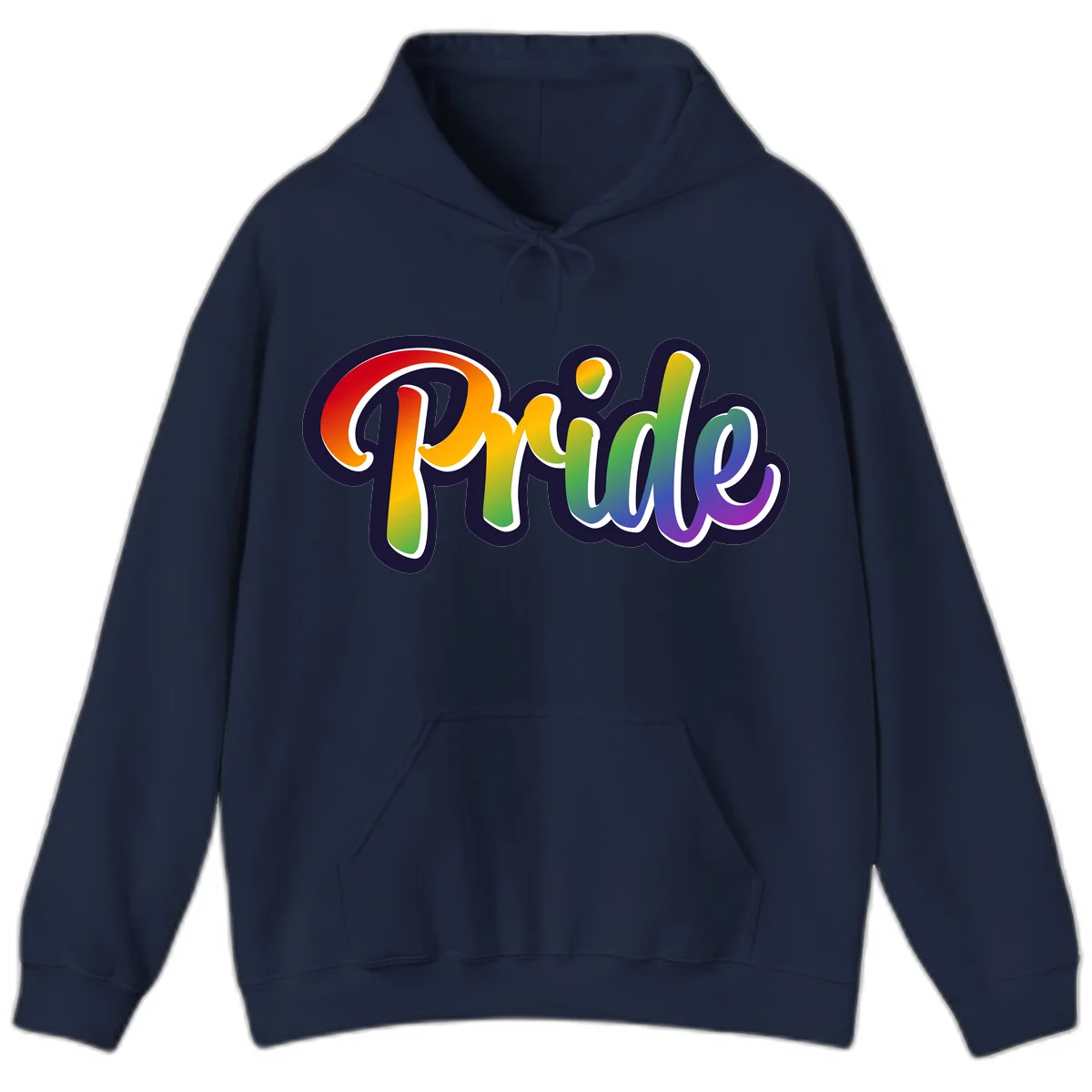 Pride rainbow script lettering with vibrant gradient fill from red to purple, featuring white outline and navy shadow effect in Navy