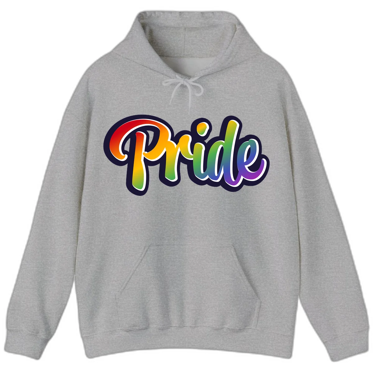 Pride rainbow script lettering with vibrant gradient fill from red to purple, featuring white outline and navy shadow effect in Sport Grey