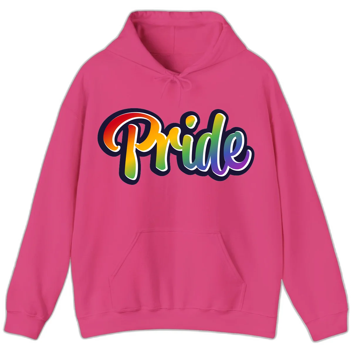 Pride rainbow script lettering with vibrant gradient fill from red to purple, featuring white outline and navy shadow effect in Heliconia