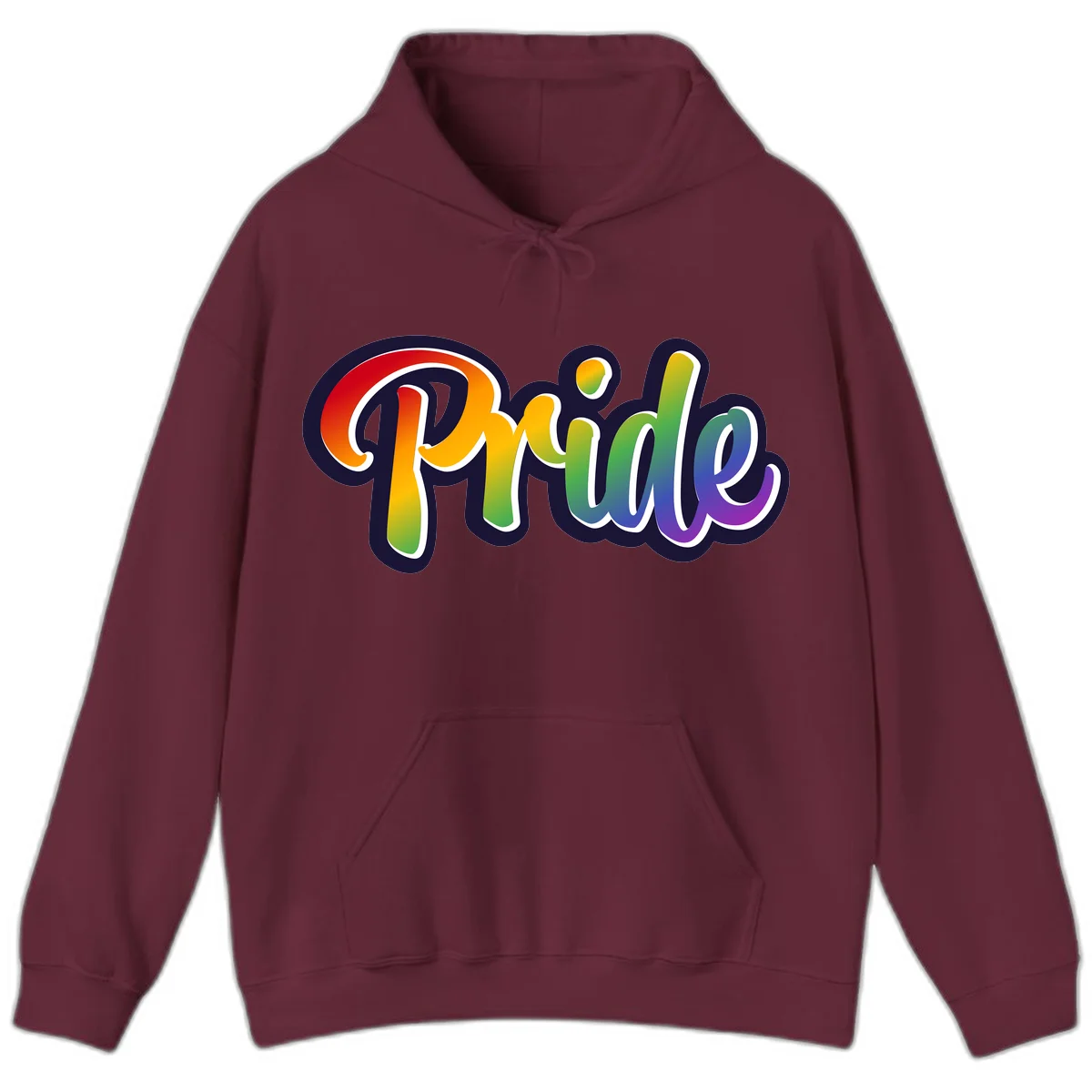 Pride rainbow script lettering with vibrant gradient fill from red to purple, featuring white outline and navy shadow effect in Maroon