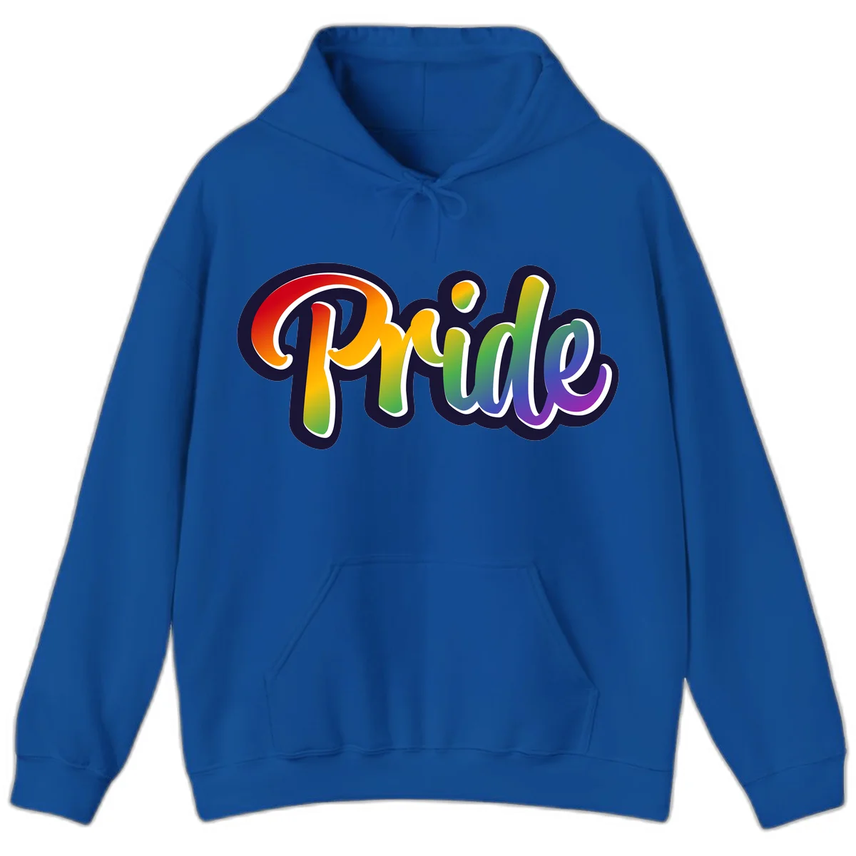 Pride rainbow script lettering with vibrant gradient fill from red to purple, featuring white outline and navy shadow effect in Royal