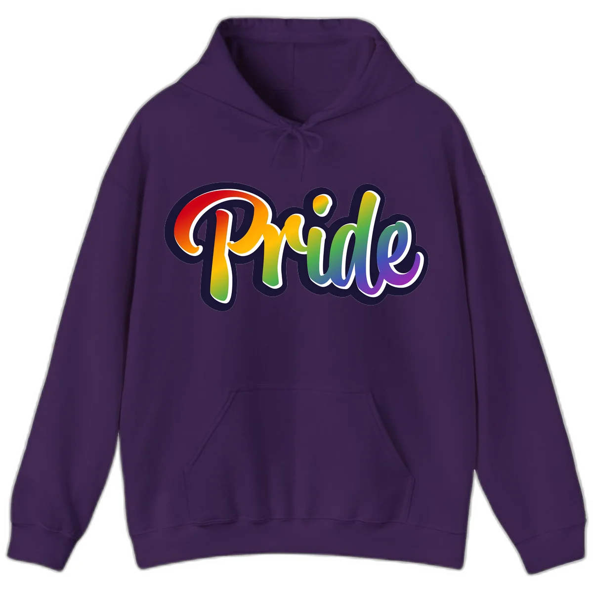 Pride rainbow script lettering with vibrant gradient fill from red to purple, featuring white outline and navy shadow effect in Purple