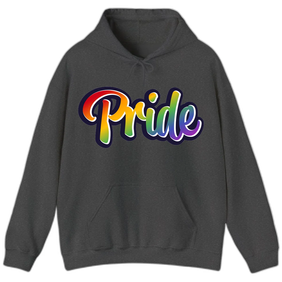 Pride rainbow script lettering with vibrant gradient fill from red to purple, featuring white outline and navy shadow effect in Dark Heather