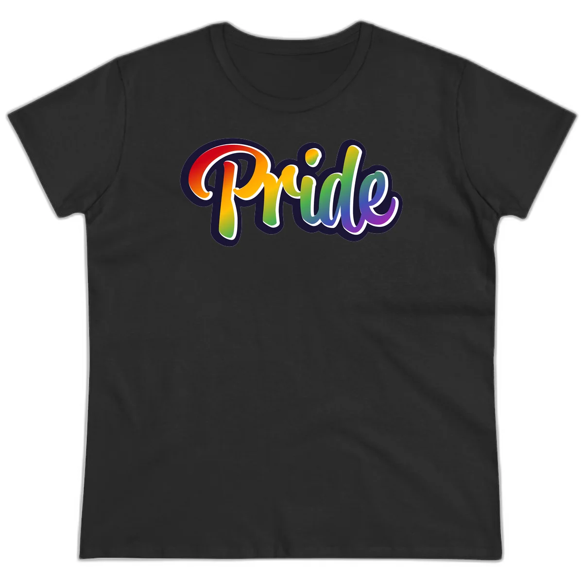 Pride rainbow script lettering with vibrant gradient fill from red to purple, featuring white outline and navy shadow effect in Black