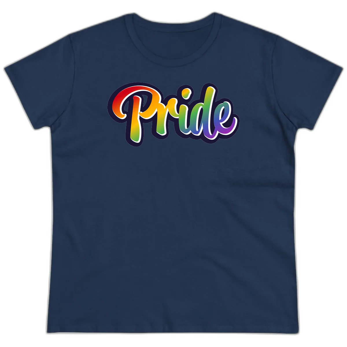 Pride rainbow script lettering with vibrant gradient fill from red to purple, featuring white outline and navy shadow effect in Navy