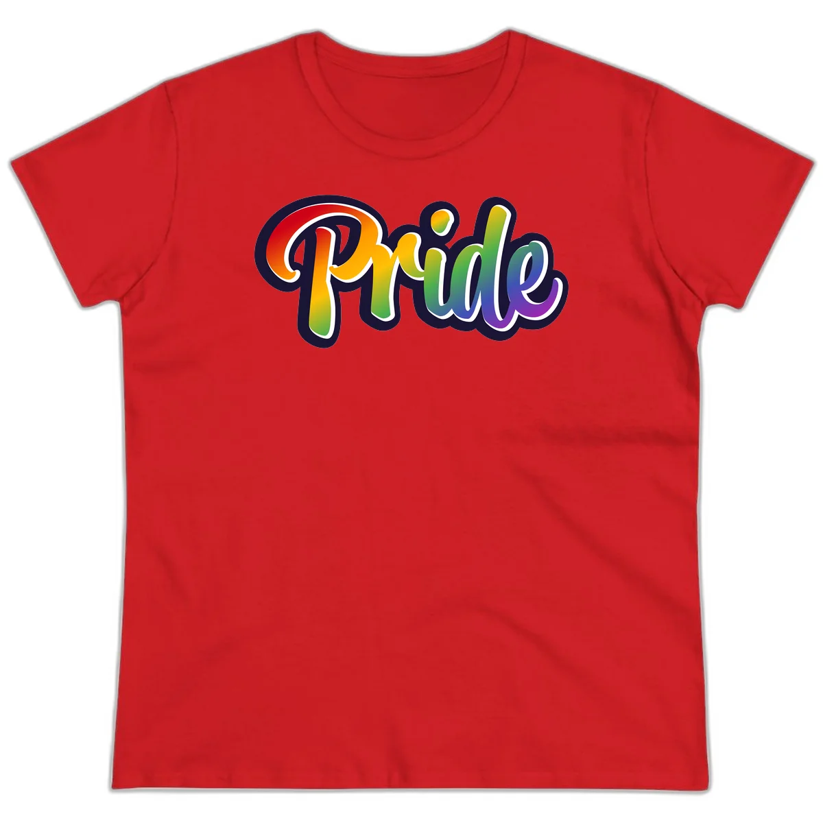 Pride rainbow script lettering with vibrant gradient fill from red to purple, featuring white outline and navy shadow effect in Red