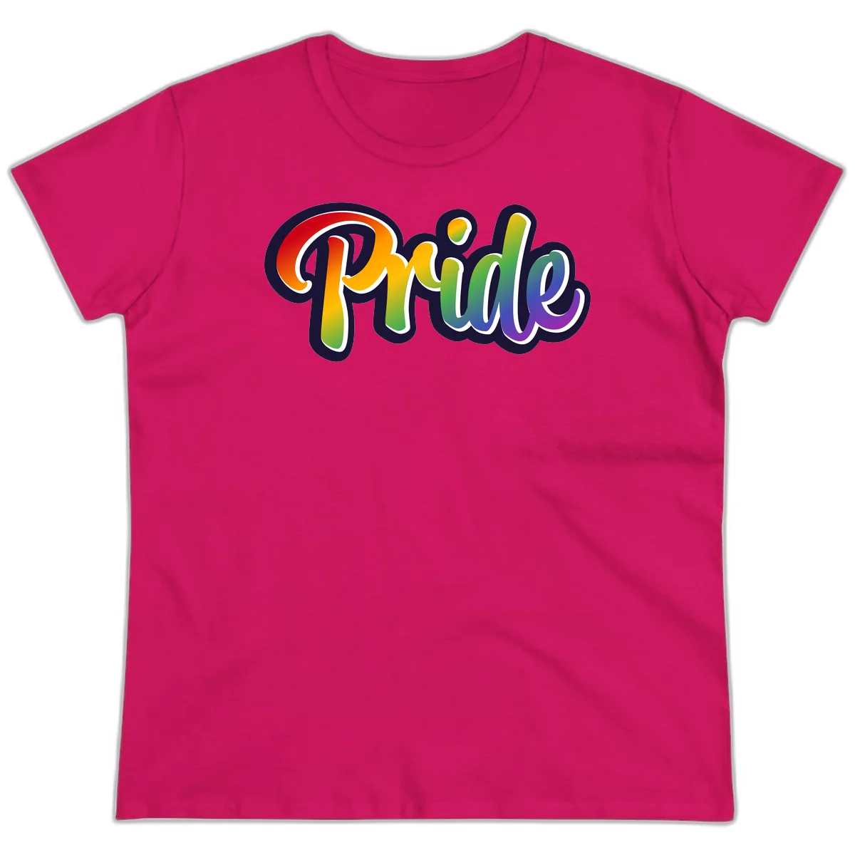 Pride rainbow script lettering with vibrant gradient fill from red to purple, featuring white outline and navy shadow effect in Heliconia
