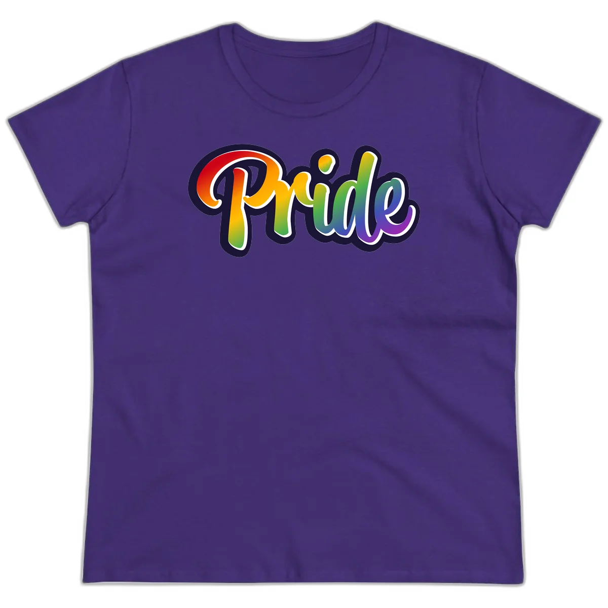 Pride rainbow script lettering with vibrant gradient fill from red to purple, featuring white outline and navy shadow effect in Purple