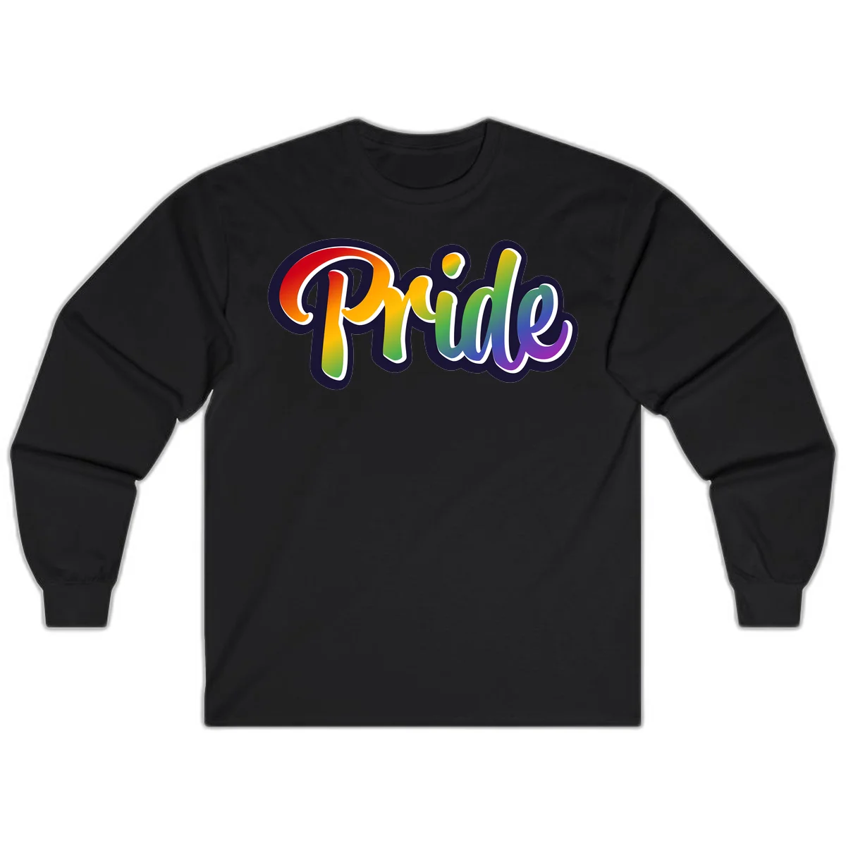 Pride rainbow script lettering with vibrant gradient fill from red to purple, featuring white outline and navy shadow effect in Black