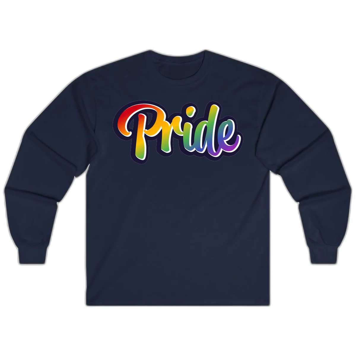 Pride rainbow script lettering with vibrant gradient fill from red to purple, featuring white outline and navy shadow effect in Navy