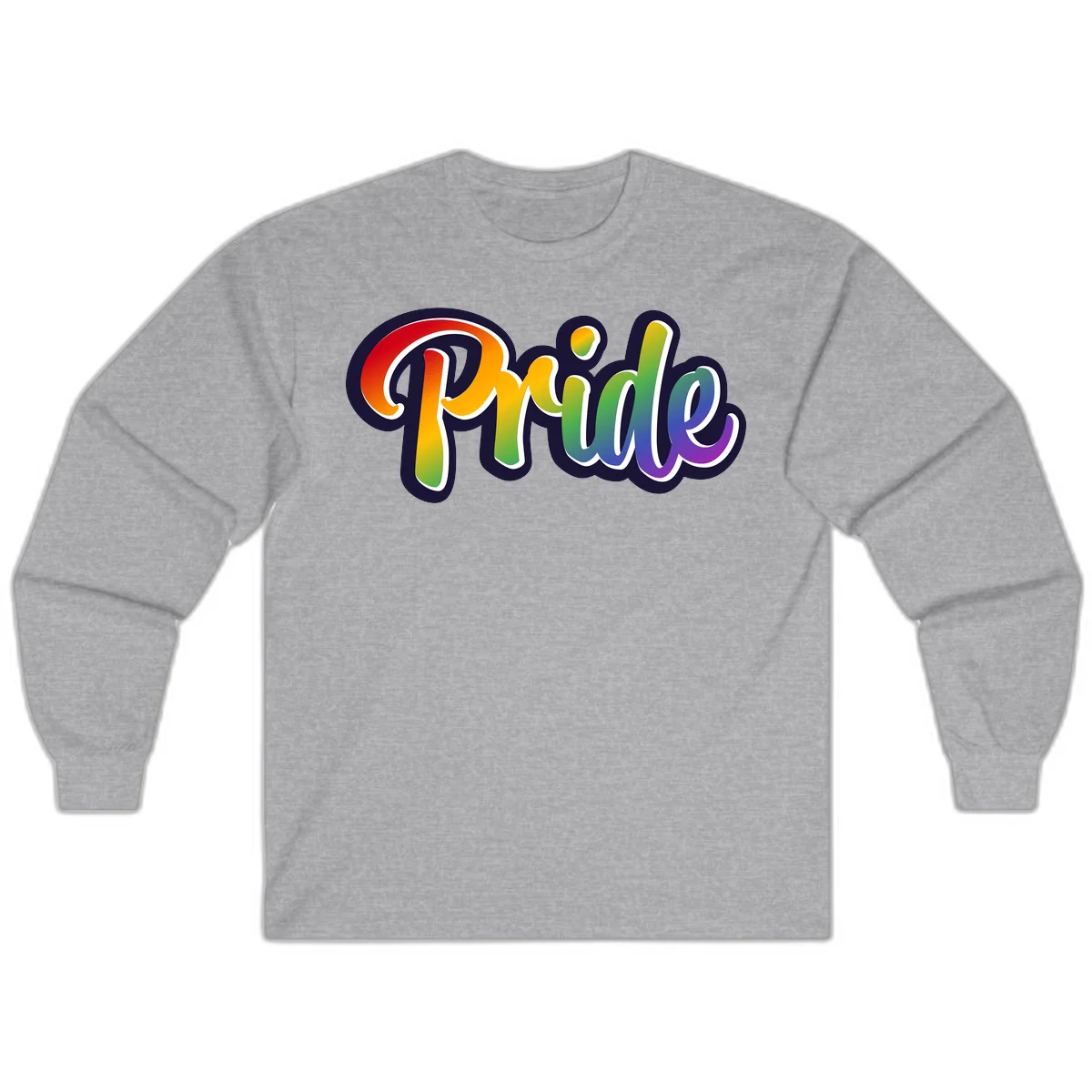 Pride rainbow script lettering with vibrant gradient fill from red to purple, featuring white outline and navy shadow effect in Sport Grey