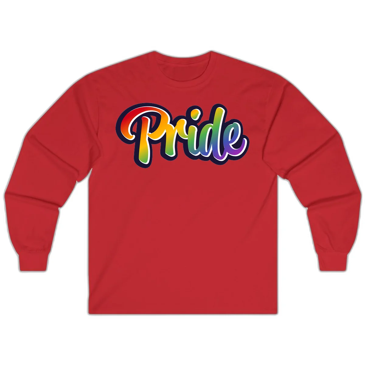 Pride rainbow script lettering with vibrant gradient fill from red to purple, featuring white outline and navy shadow effect in Red