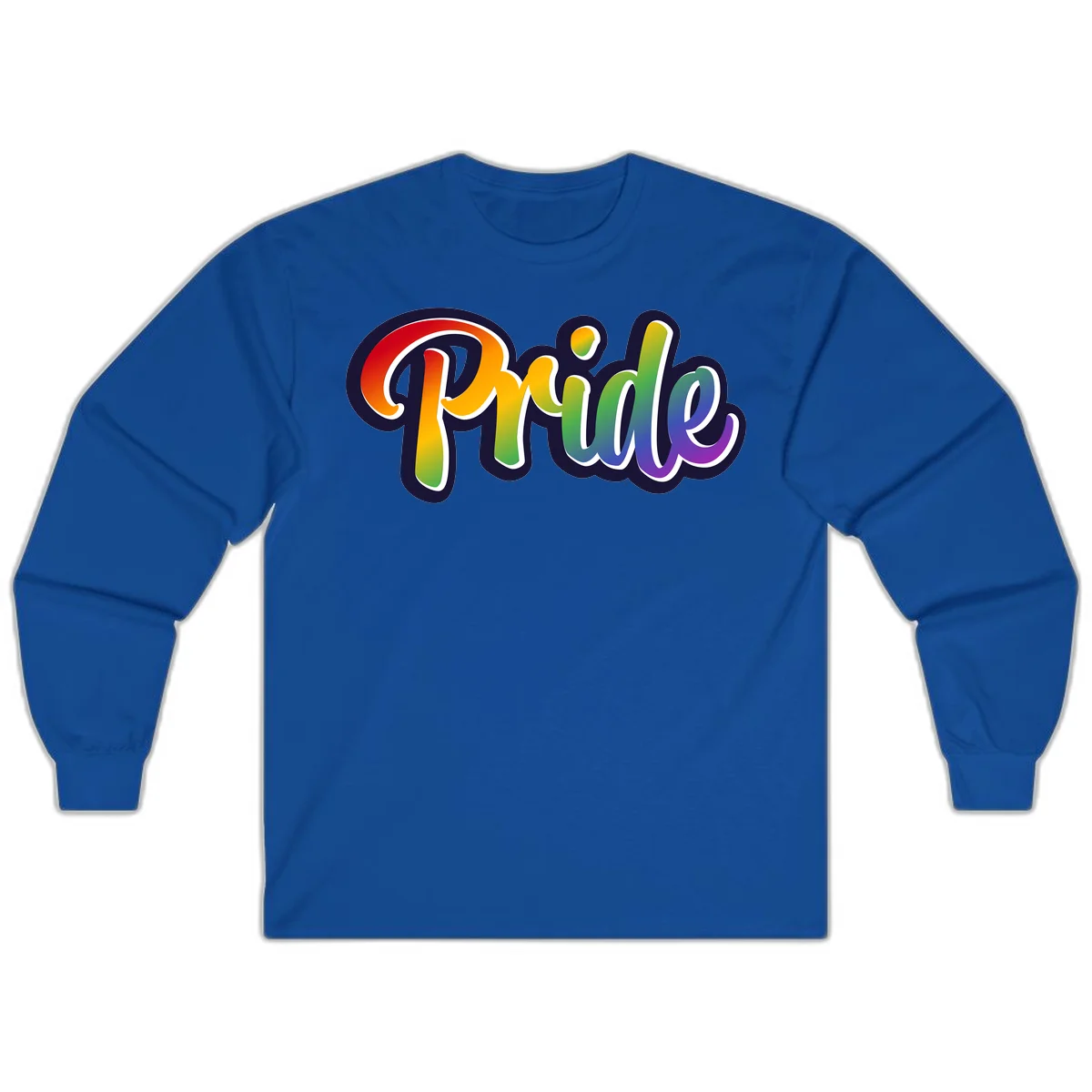 Pride rainbow script lettering with vibrant gradient fill from red to purple, featuring white outline and navy shadow effect in Royal
