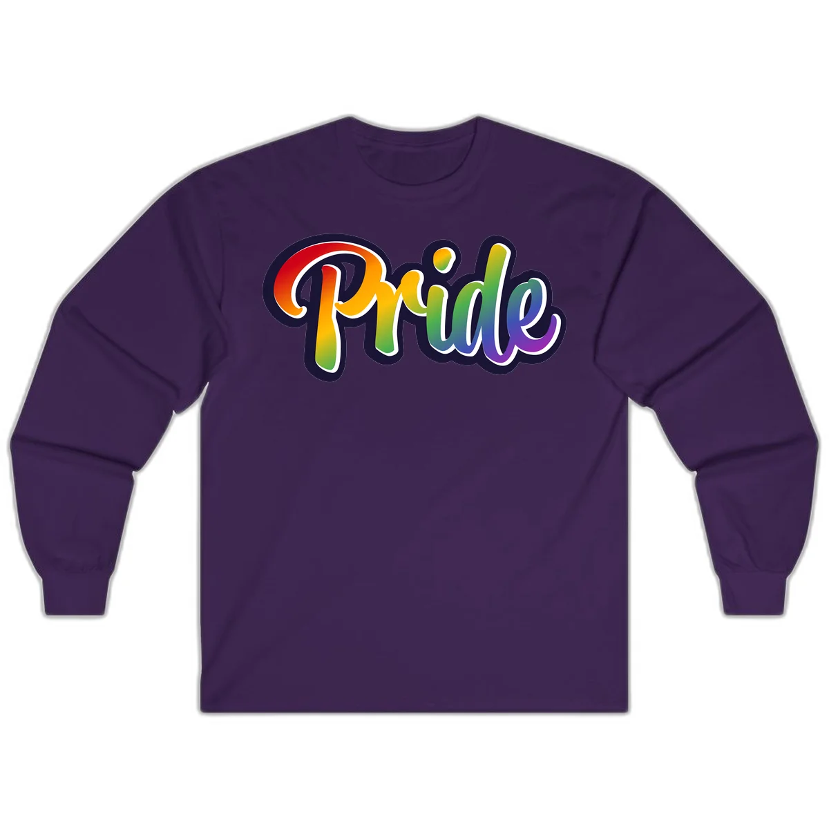 Pride rainbow script lettering with vibrant gradient fill from red to purple, featuring white outline and navy shadow effect in Purple