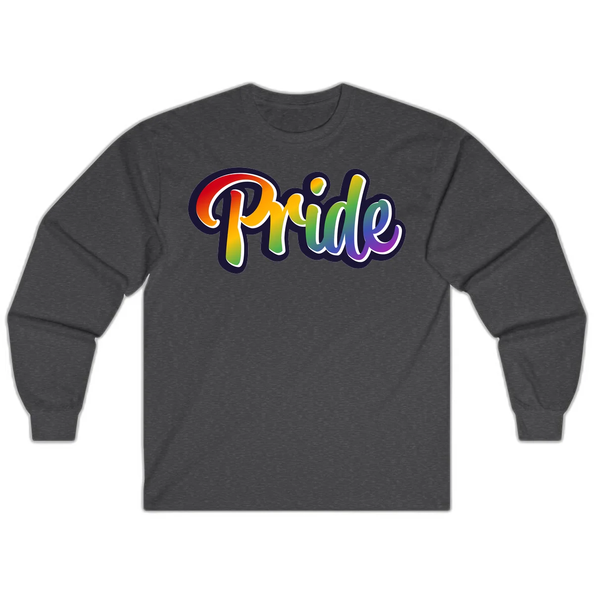Pride rainbow script lettering with vibrant gradient fill from red to purple, featuring white outline and navy shadow effect in Dark Heather