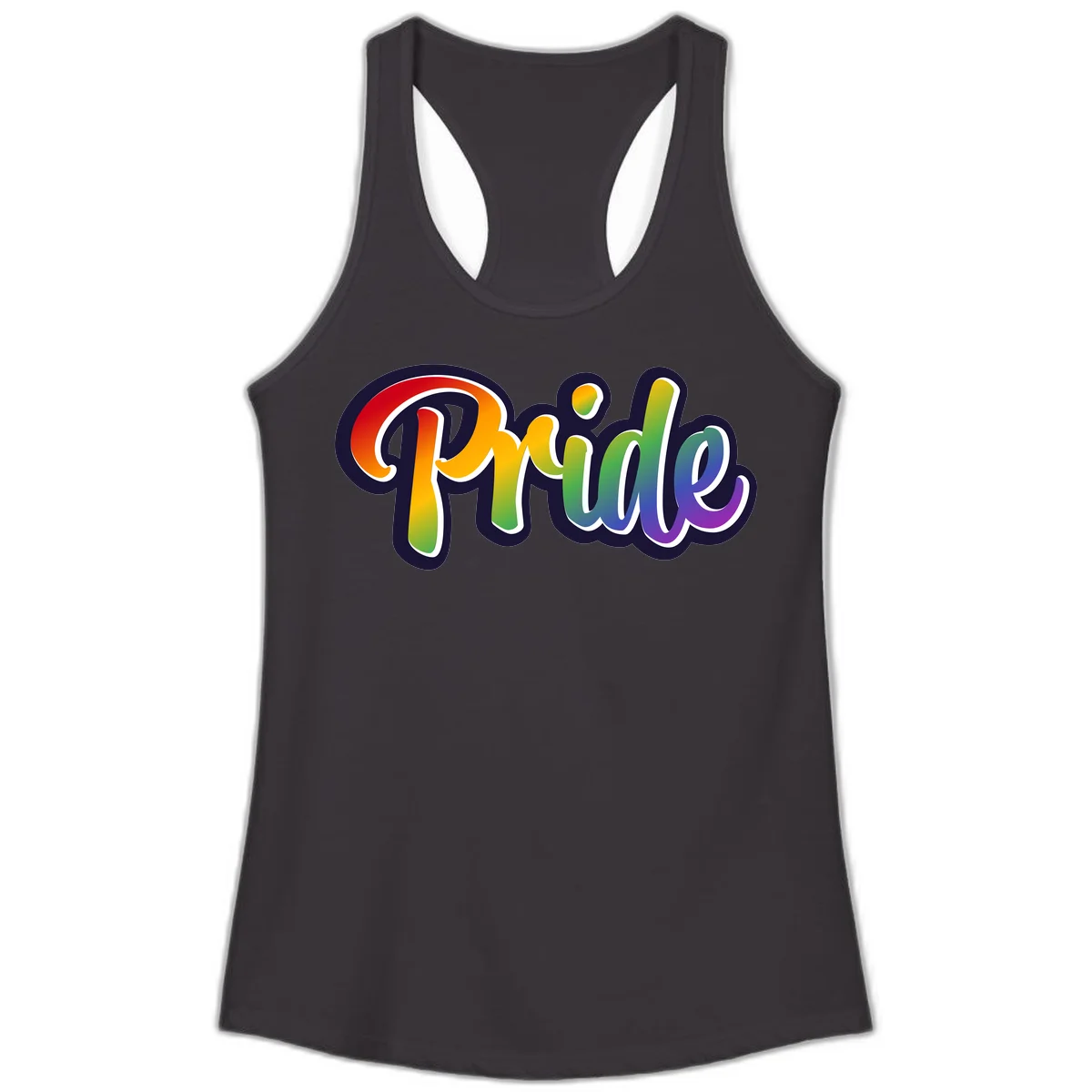 Pride rainbow script lettering with vibrant gradient fill from red to purple, featuring white outline and navy shadow effect in Black