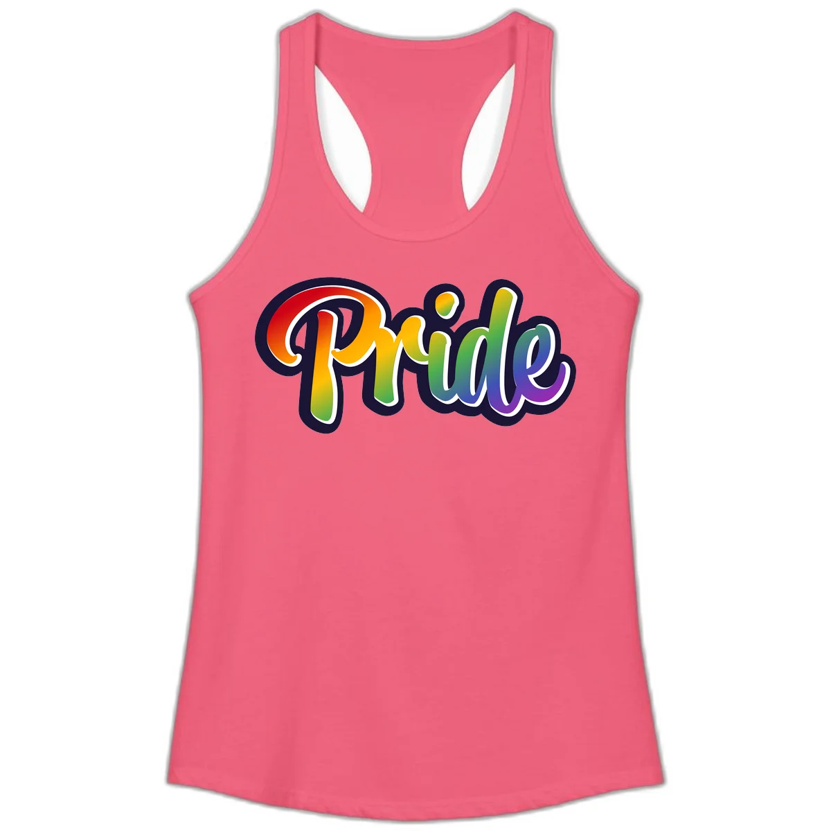 Pride rainbow script lettering with vibrant gradient fill from red to purple, featuring white outline and navy shadow effect in Hot Pink