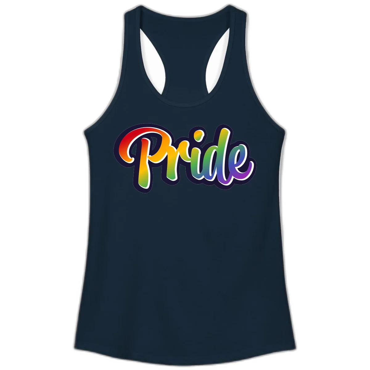 Pride rainbow script lettering with vibrant gradient fill from red to purple, featuring white outline and navy shadow effect in Solid Midnight Navy