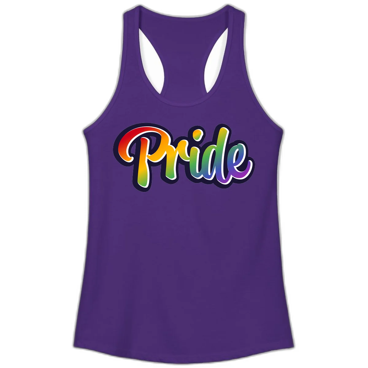 Pride rainbow script lettering with vibrant gradient fill from red to purple, featuring white outline and navy shadow effect in Solid Purple Rush