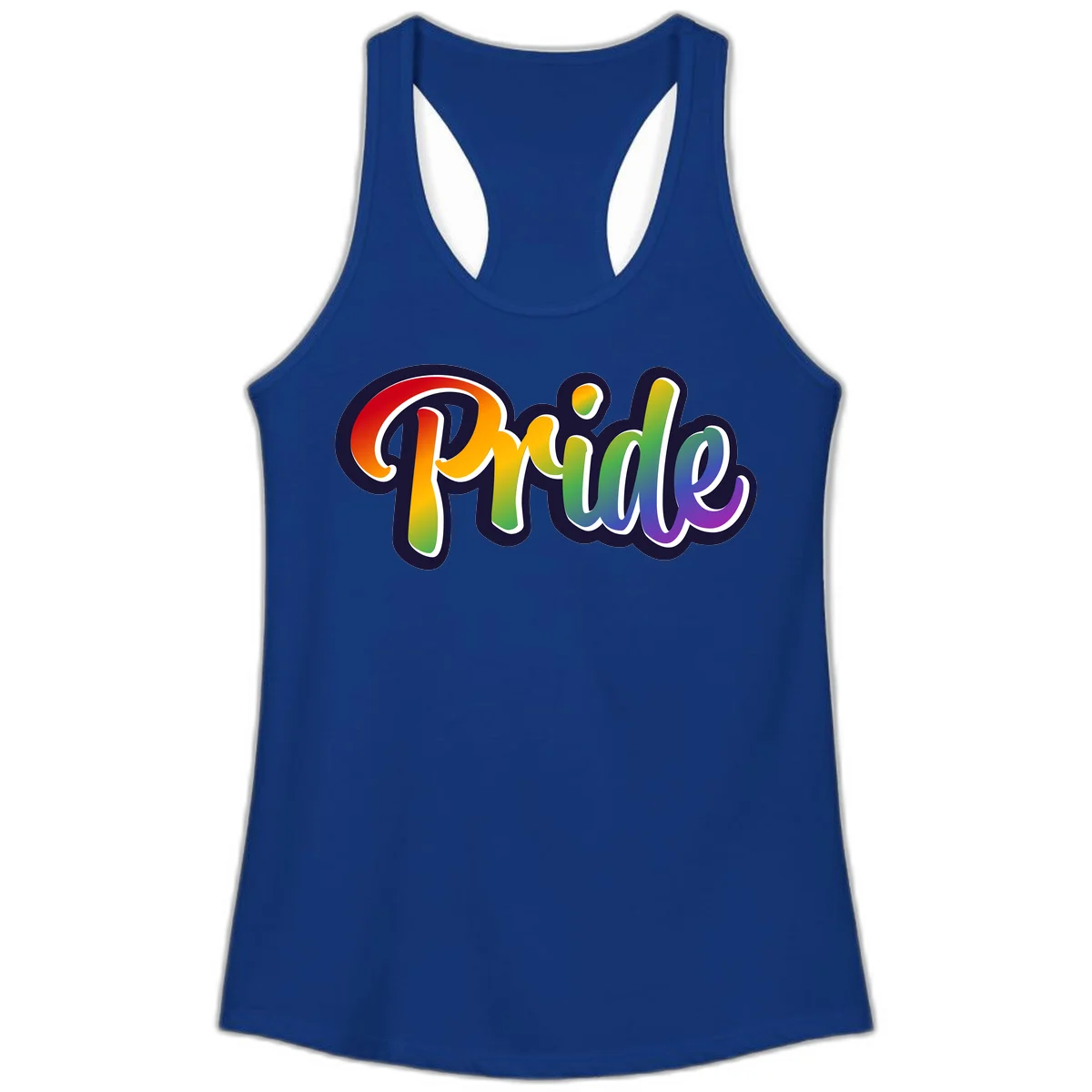 Pride rainbow script lettering with vibrant gradient fill from red to purple, featuring white outline and navy shadow effect in Solid Royal