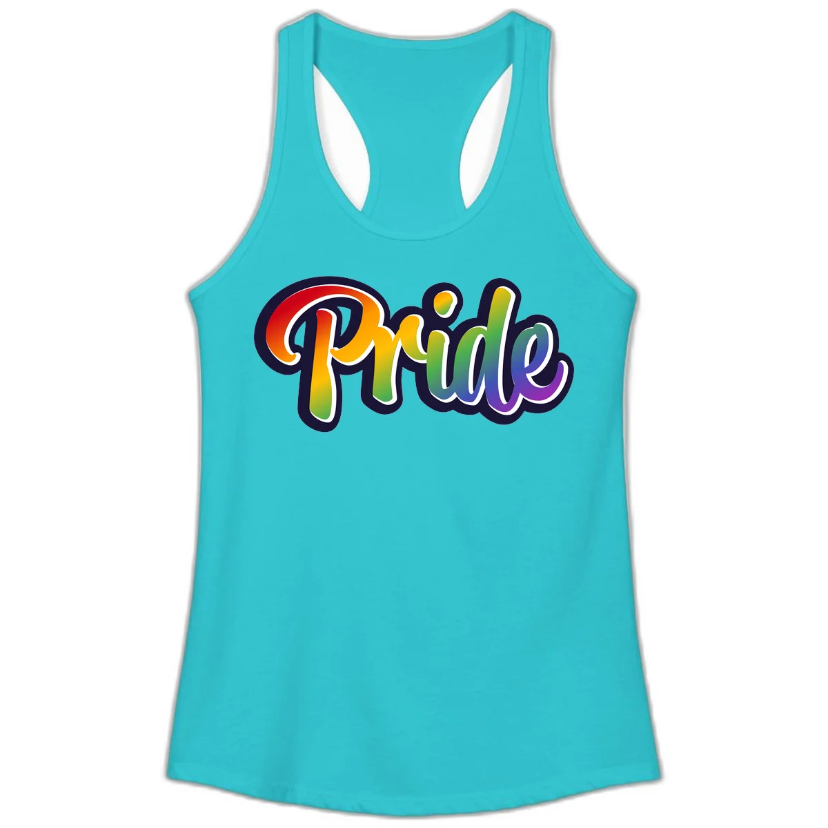 Pride rainbow script lettering with vibrant gradient fill from red to purple, featuring white outline and navy shadow effect in Solid Tahiti Blue