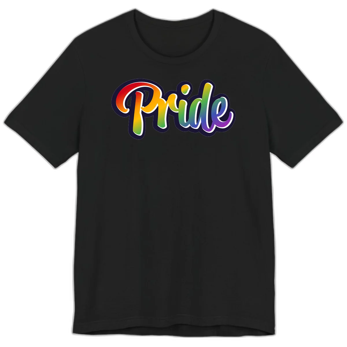 Pride rainbow script lettering with vibrant gradient fill from red to purple, featuring white outline and navy shadow effect in Black