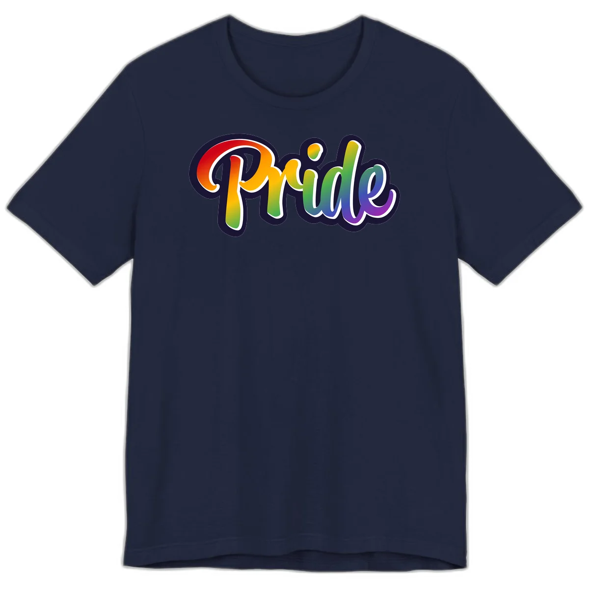 Pride rainbow script lettering with vibrant gradient fill from red to purple, featuring white outline and navy shadow effect in Navy