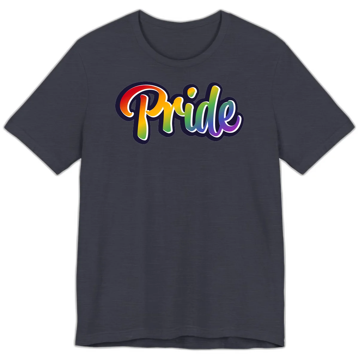 Pride rainbow script lettering with vibrant gradient fill from red to purple, featuring white outline and navy shadow effect in Heather Midnight Navy
